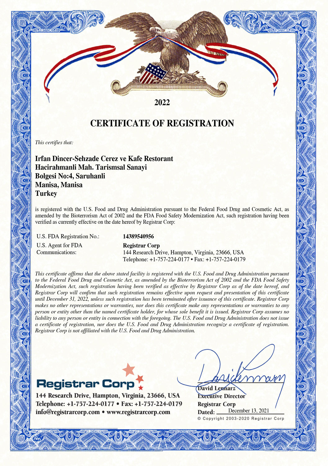 FDA Certificate of Registration